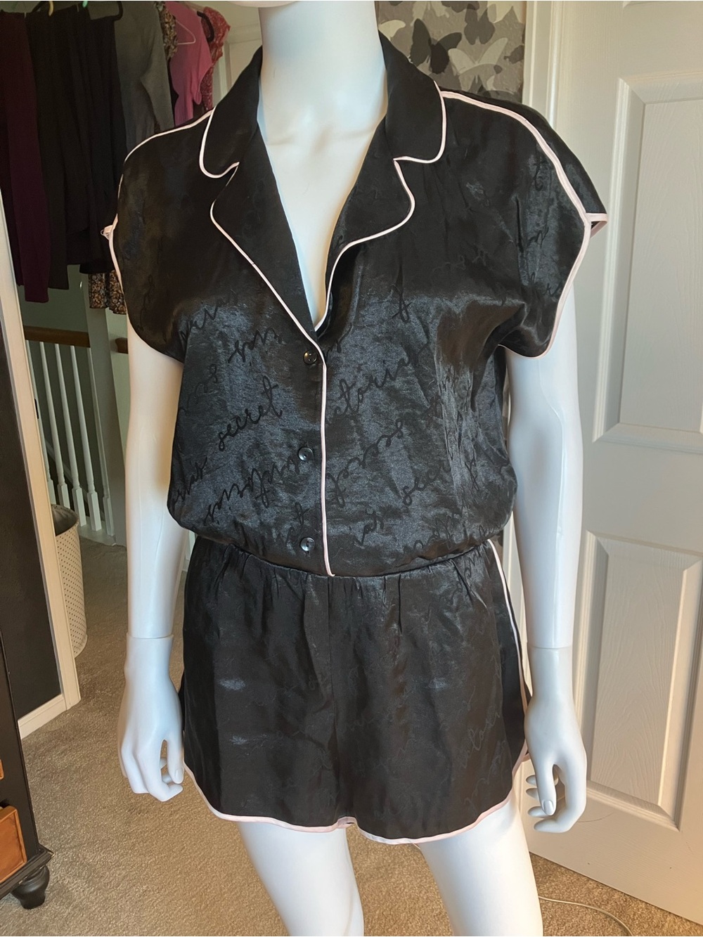 Victoria's Secret Black Satin Short Pajama Set with Pink Piping